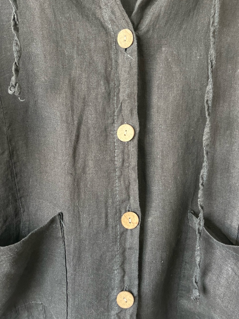 Black Hooded Button-Front 100% Linen Jacket - Picture 2 of 4